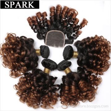 Spark 10A Ombre Bundles with Closure Brazilian 1b/4/30 Ombre Human Hair Bouncy Curly Bundles with 4x4 Lace Closure Short Curly